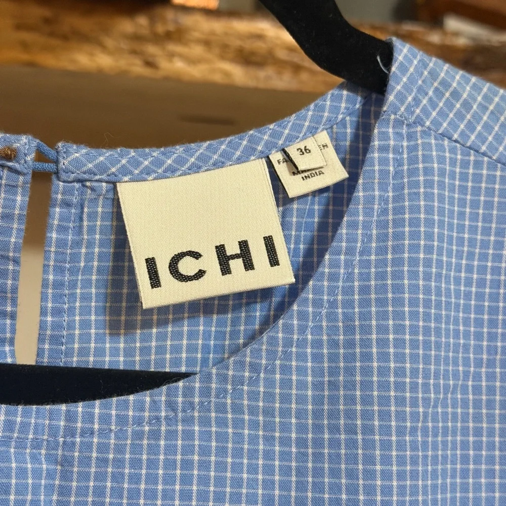 NWOT ICHI Light Blue Gingham Midi Dress with Smocked Waist - Picture 4 of 8